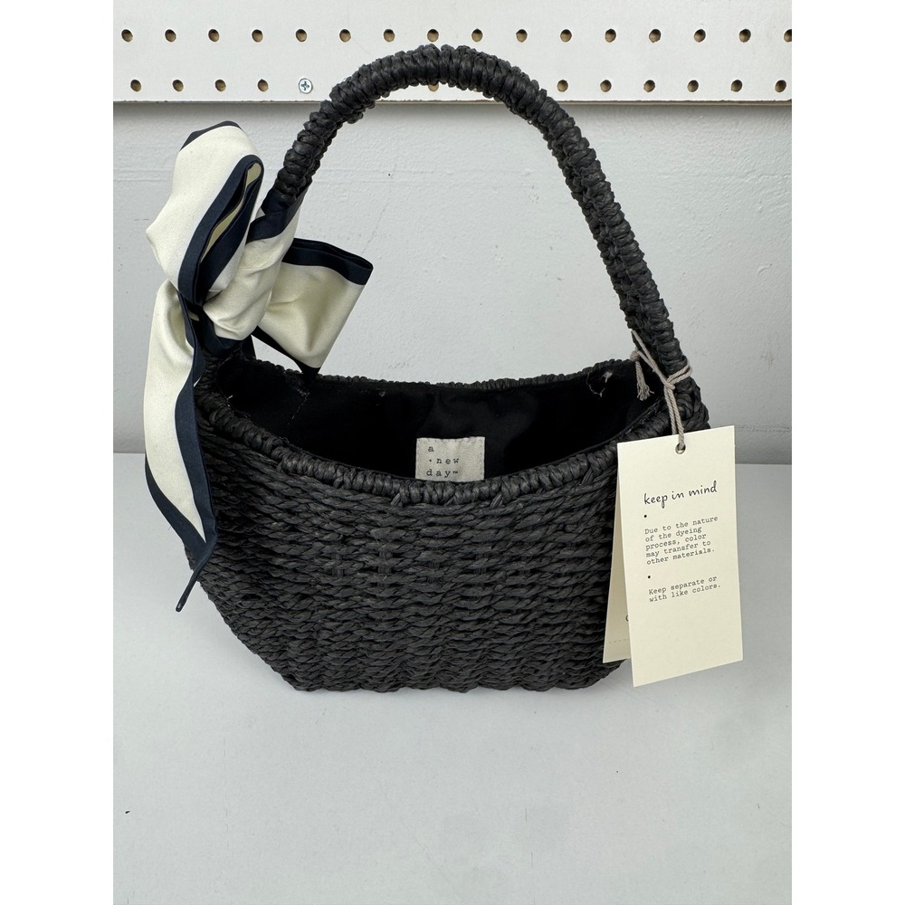 A New Day Black Woven Straw Handbag with Cream Bow Ethically Handcrafted NWT